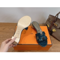 Top Grade Hermes Oasis Classic Heel Slides Sandal 4.5cm in Crocodile Embossed Leather Turquoise 0304054