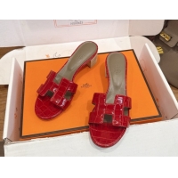 Unique Style Hermes Oasis Classic Heel Slides Sandal 4.5cm in Crocodile Embossed Leather Red 0304055