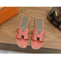 Best Product Hermes Oran Classic Flat Slides Sandal in Crocodile Embossed Leather Coral Pink 0304056
