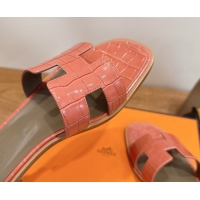 Best Product Hermes Oran Classic Flat Slides Sandal in Crocodile Embossed Leather Coral Pink 0304056