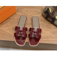 Pretty Style Hermes Oran Classic Flat Slides Sandal in Crocodile Embossed Leather Burgundy 0304058
