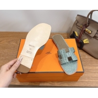 Grade Quality Hermes Oran Classic Flat Slides Sandal in Crocodile Embossed Leather Light Grey 0304057