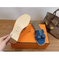 Good Quality Hermes Oran Classic Flat Slides Sandal in Crocodile Embossed Leather Sky Blue 0304060