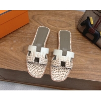 Durable Hermes Oran Classic Flat Slides Sandal in Crocodile Embossed Leather White/Brown 0304061