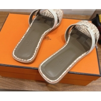 Durable Hermes Oran Classic Flat Slides Sandal in Crocodile Embossed Leather White/Brown 0304061