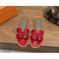Luxurious Hermes Oran Classic Flat Slides Sandal in Crocodile Embossed Leather Red 0304062