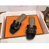 Best Price Hermes Oran Classic Flat Slides Sandal in Crocodile Embossed Leather Black 0304063