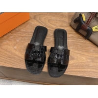 Purchase Hermes Oran Classic Flat Slides Sandal in Crocodile Embossed Leather All Black 0304064