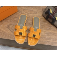 Charming Hermes Oran Classic Flat Slides Sandal in Crocodile Embossed Leather Orange Yellow 0304066