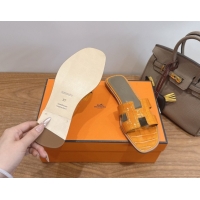 Charming Hermes Oran Classic Flat Slides Sandal in Crocodile Embossed Leather Orange Yellow 0304066