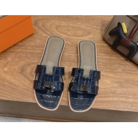 Sumptuous Hermes Oran Classic Flat Slides Sandal in Crocodile Embossed Leather Indigo Blue 0304067