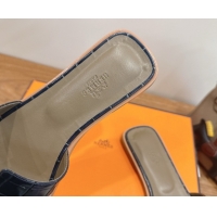 Sumptuous Hermes Oran Classic Flat Slides Sandal in Crocodile Embossed Leather Indigo Blue 0304067