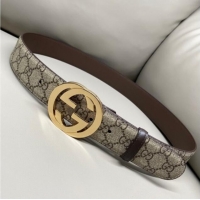Good Product Gucci GG Supreme Canvas Belt 4cm with Gold Interlocking G Buckle GG011002 Beige/Brown 2025