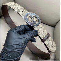 Promotional Gucci GG Supreme Canvas Belt 4cm with Silver Interlocking G Buckle GG011002 Beige/Brown 2025