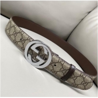 Promotional Gucci GG Supreme Canvas Belt 4cm with Silver Interlocking G Buckle GG011002 Beige/Brown 2025