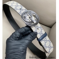 Promotional Gucci GG Supreme Canvas Belt 4cm with Interlocking G Buckle GG011002 Beige/Blue Silver 2025