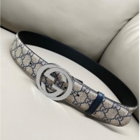 Promotional Gucci GG Supreme Canvas Belt 4cm with Interlocking G Buckle GG011002 Beige/Blue Silver 2025