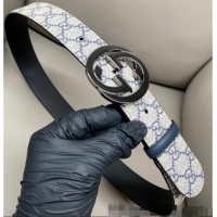 Buy Fashionable Gucci GG Supreme Canvas Belt 4cm with Gunmetal Interlocking G Buckle GG011002 Beige/Blue 2025
