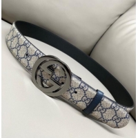 Buy Fashionable Gucci GG Supreme Canvas Belt 4cm with Gunmetal Interlocking G Buckle GG011002 Beige/Blue 2025