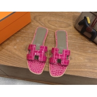 Best Grade Hermes Oran Classic Flat Slides Sandal in Crocodile Embossed Leather Dark Pink 0304070