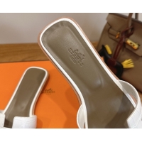 Duplicate Hermes Oran Classic Flat Slides Sandal in Crocodile Embossed Leather White 0304071