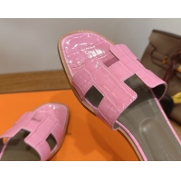 Hot Style Hermes Oran Classic Flat Slides Sandal in Crocodile Embossed Leather Pink 0304072