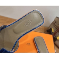 Stylish Hermes Oran Classic Flat Slides Sandal in Crocodile Embossed Leather Blue 0304073