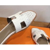 Classic Hot Hermes Oran Classic Flat Slides Sandal in Crocodile Embossed Leather White/Grey 0304074