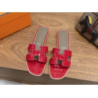 Good Product Hermes Oran Classic Flat Slides Sandal in Crocodile Embossed Leather Red 0304076