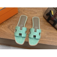 Buy Luxury Hermes Oran Classic Flat Slides Sandal in Crocodile Embossed Leather Light Green 0304076