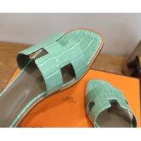 Buy Luxury Hermes Oran Classic Flat Slides Sandal in Crocodile Embossed Leather Light Green 0304076