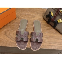 Grade Hermes Oran Classic Flat Slides Sandal in Crocodile Embossed Leather Chocolate 0304078