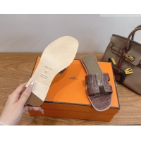 Grade Hermes Oran Classic Flat Slides Sandal in Crocodile Embossed Leather Chocolate 0304078