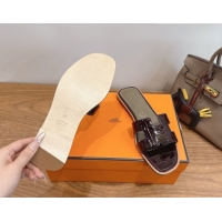Perfect Hermes Oran Classic Flat Slides Sandal in Crocodile Embossed Leather Dark Burgundy 0304079