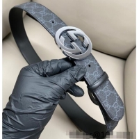 Famous Brand Gucci GG Supreme Canvas Belt 4cm with Silver Interlocking G Buckle GG011002 Black 2025