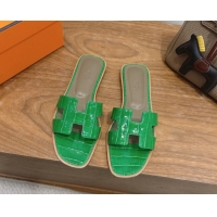 Low Cost Hermes Oran Classic Flat Slides Sandal in Crocodile Embossed Leather Green 0304080