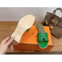 Low Cost Hermes Oran Classic Flat Slides Sandal in Crocodile Embossed Leather Green 0304080
