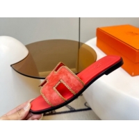 Popular Style Hermes Oran Classic Flat Slides Sandal in Suede with Braided Trim Orange 0304084