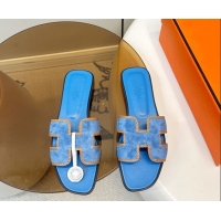 Good Quality Hermes Oran Classic Flat Slides Sandal in Suede with Braided Trim Sky Blue 0304085