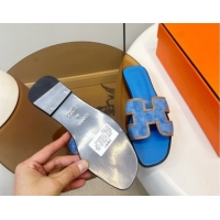 Good Quality Hermes Oran Classic Flat Slides Sandal in Suede with Braided Trim Sky Blue 0304085