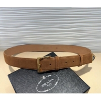 Super Quality Prada Suede Belt 3.5cm with Gold Pin Buckle 1127 Brown 2024