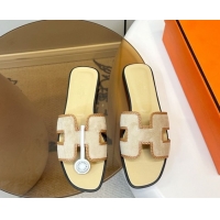 Best Product Hermes Oran Classic Flat Slides Sandal in Suede with Braided Trim Light Yellow 0304087 2026