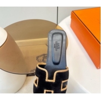 Good Looking Hermes Oran Classic Flat Slides Sandal in Suede with Braided Trim Black 0304089 2026