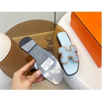 Shop Duplicate Hermes Oran Classic Flat Slides Sandal in Suede with Braided Trim 0304088 Light Blue 2026