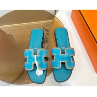 Top Design Hermes Oran Classic Flat Slides Sandal in Suede with Braided Trim Turq Blue 0304090 2026