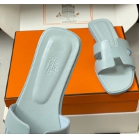 Hot Style Hermes Oran Classic Flat Slides Sandal in Smooth Leather Blue 0304100 2026