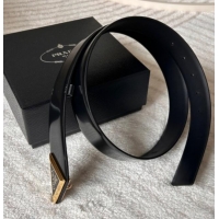 Top Grade Prada Men's Shiny Leather Belt 3.5cm with Tiangle Buckle 0315 Black/Gold 2025