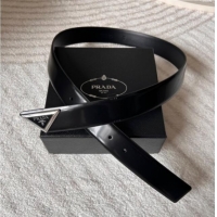 Famous Brand Prada Men's Shiny Leather Belt 3.5cm with Tiangle Buckle 0315 Black/Silver 2025