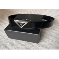 Famous Brand Prada Men's Shiny Leather Belt 3.5cm with Tiangle Buckle 0315 Black/Silver 2025