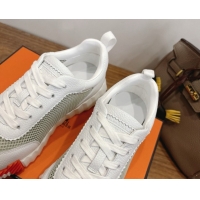 Luxury Hermes Bouncing Sneakers in Graphic Mesh and White Grained Calfskin Leather Green 0304130